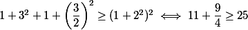 1+ 3^2 +1+\left (\dfrac{3}{2}\right)^2 \geq(1+2^2)^2\iff 11+ \dfrac{9}{4}\geq 25